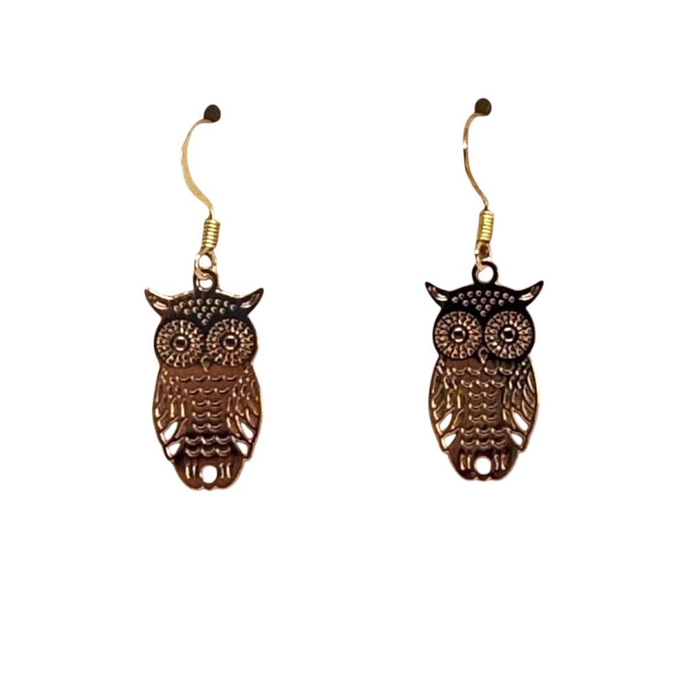 Gold Metal Laser Cut Owl Hook Earrings #2105